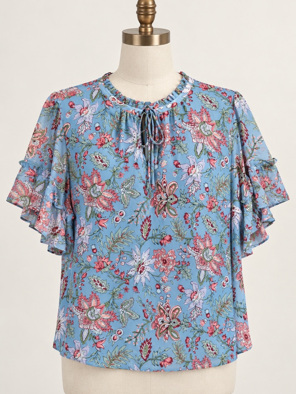 LOFT Sky Blue Floral Ruffle Sleeve Tie-Neck Blouse